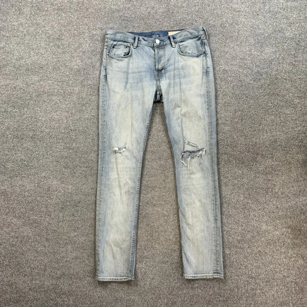 AllSaints Jeans Mens 32 Light Wash Rex Slim Fit Ripped Distressed Denim Stretch